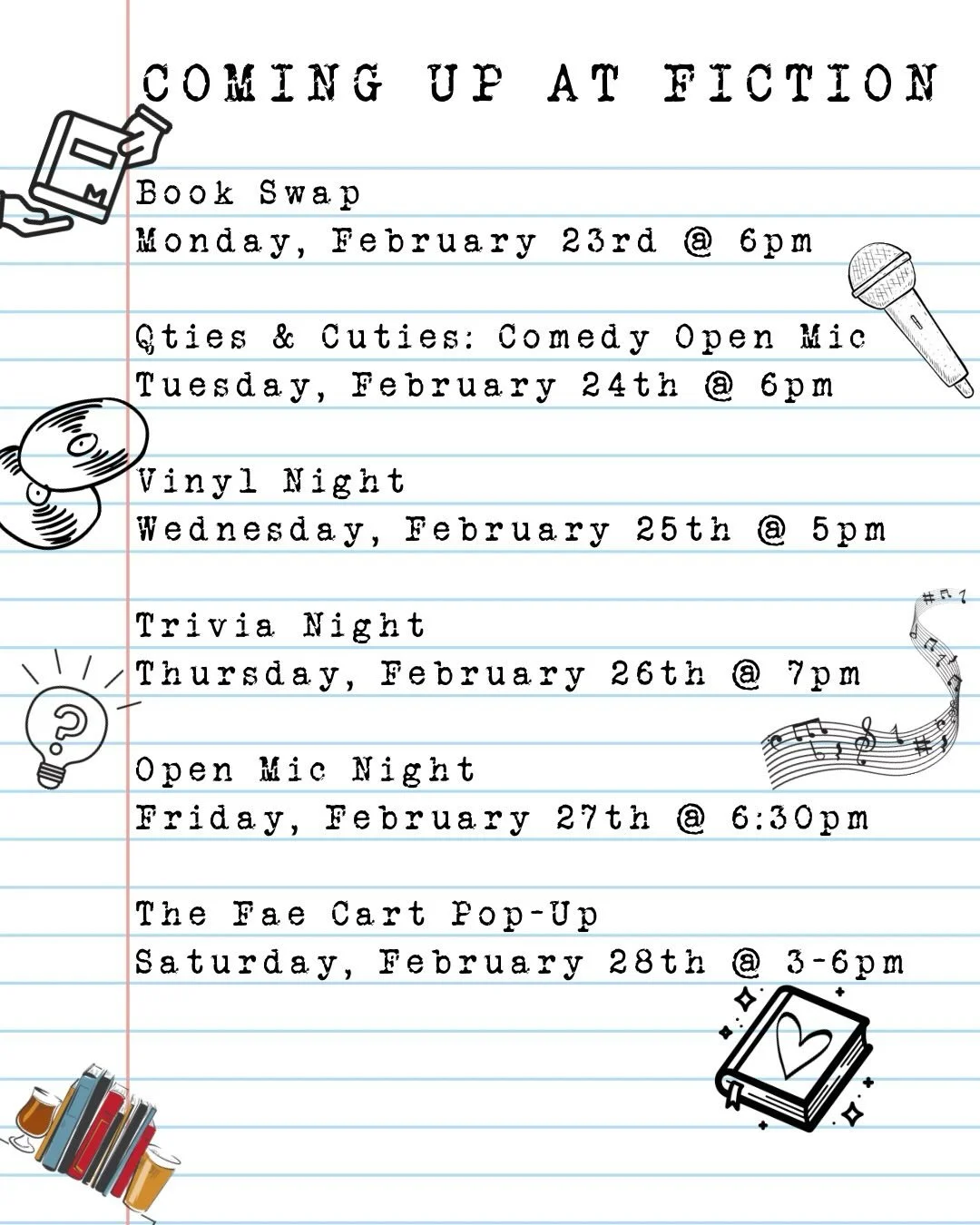 We blinked and somehow it&rsquo;s the final week of February! 🤯 In true fashion we have an awesomely full week to send off this month!

📚 Join us tomorrow night at 6pm for our monthly Book Swap! Bring at least two books to swap and go home with som