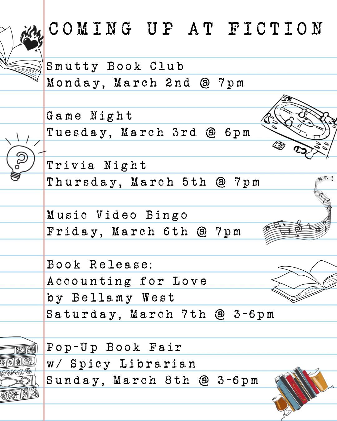 ☀️ It&rsquo;s March?! Time may be flying but we have another fun lineup of events for you this week! 🙌🏻

🐍 Our Smutty Book Club meets this Monday at 7pm to discuss Kiss of the Basilisk.

🎲 Our game nighters will be here Tuesday at 6pm for an open