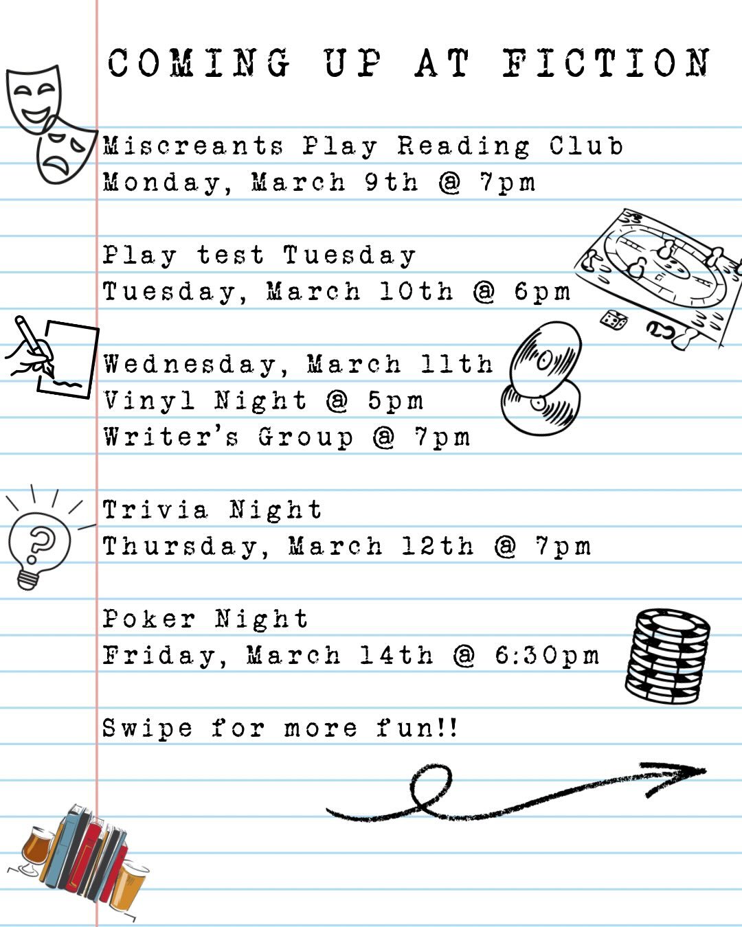 Just like this past week&rsquo;s weather, we have a little bit of everything planned for you this week!! 🙌

🎭 On Monday at 7pm @miscreanttheatre is back for their Play Reading Boom Club! This week&rsquo;s pick is sure to be a scream!

🎲 It&rsquo;s