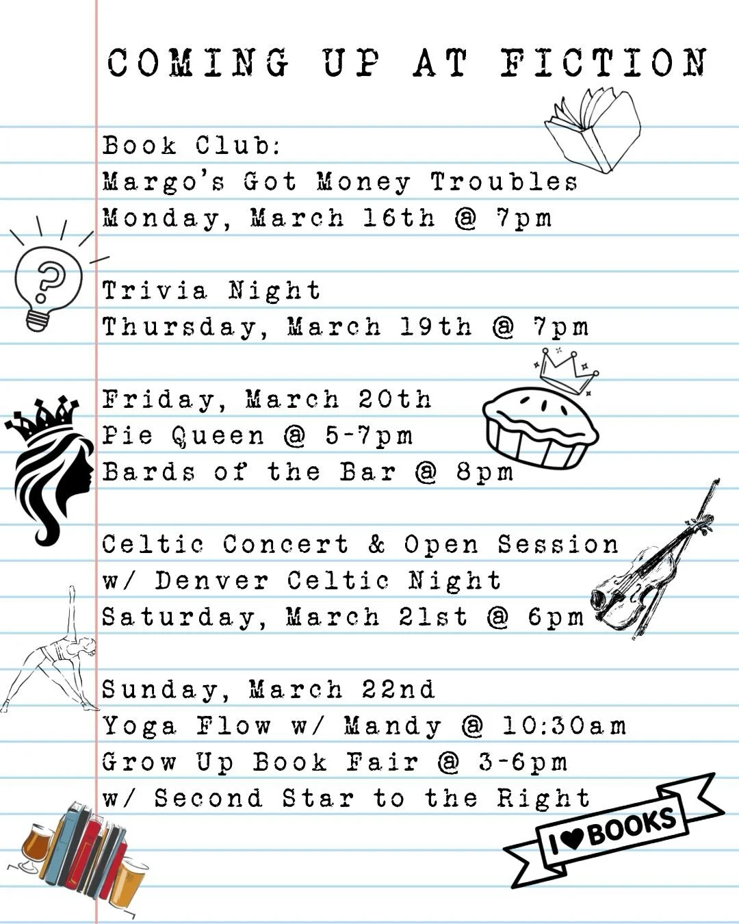 Happy Monday! ☀️ the sun is shining and it looks like it&rsquo;s going to be a beautiful week to come hang with us!

💰 Starting tonight at 7pm with Boom Club! For March we read &lsquo;Margo&rsquo;s Got Money Troubles&rsquo; by @rufithorpe !

💡 Ever