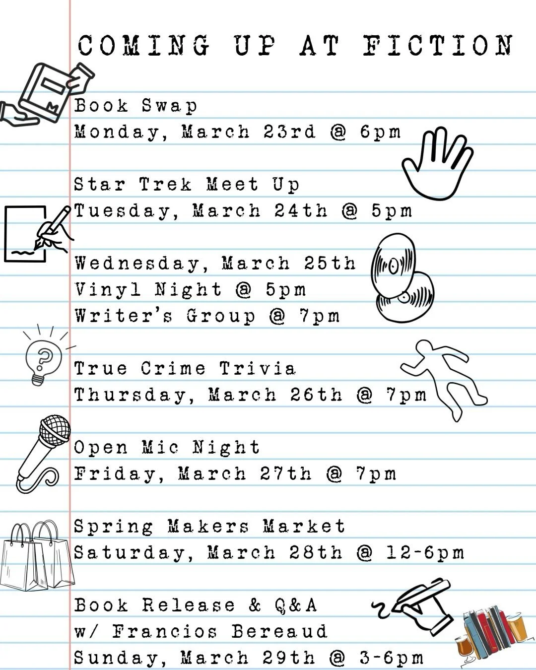 Calling all book friends!! 🗣️🚨Do we have a bookish week planned for you!!

📚 Monday at 6pm is our monthly Book Swap!! Bring at least 2 gently loved books and swap to bring home something new!

🖖 Calling all Star Trek fans!! Meet up with @denverte