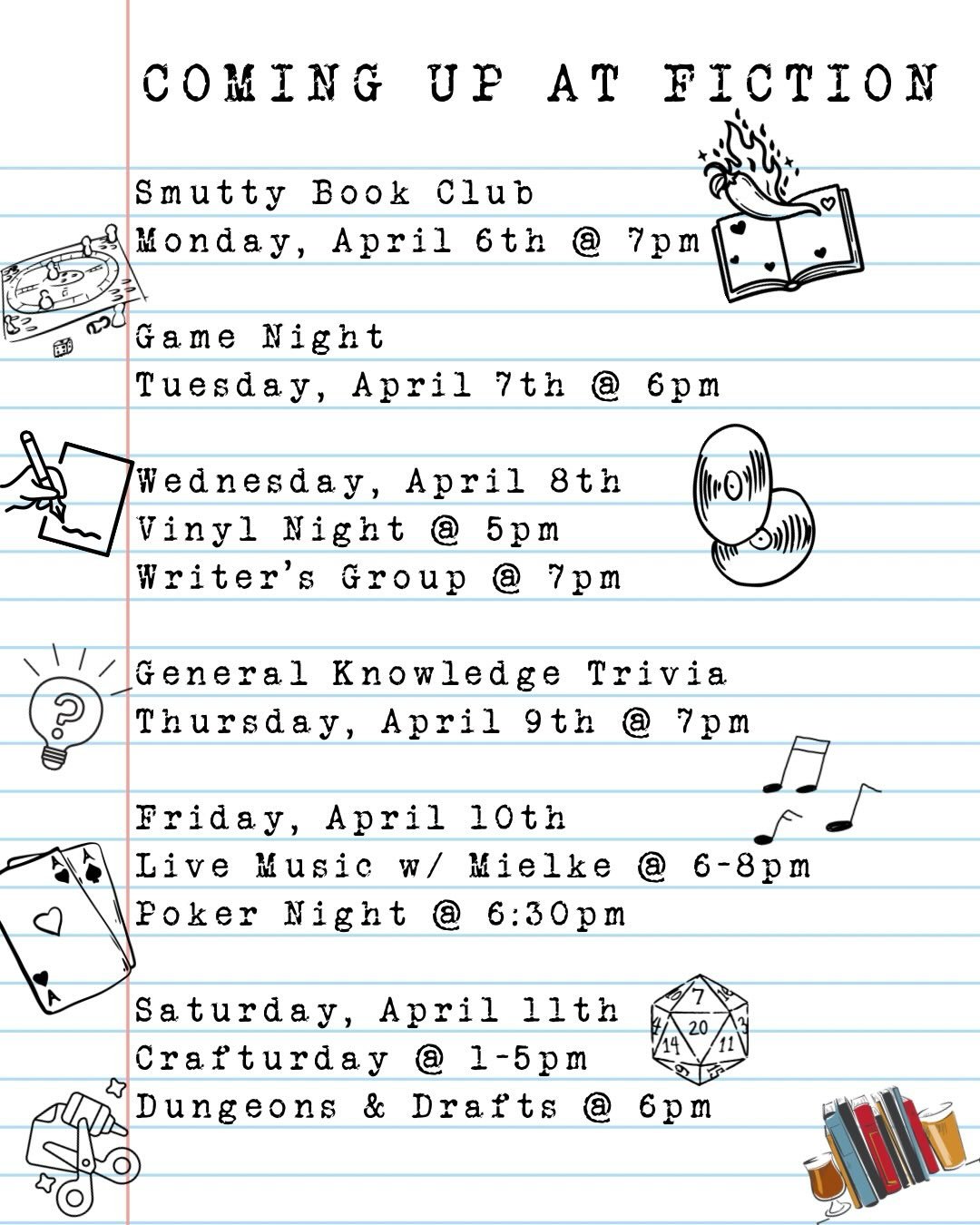 Need plans for this week? We have you covered!!👇

🌶️ TONIGHT at 7pm is our Smutty Book Club! For April they read &lsquo;The Kiss Quotient&rsquo; by @hhoangwrites !

🧩 It&rsquo;s the first Tuesday which means Game Night at 6pm! Bring your own game 