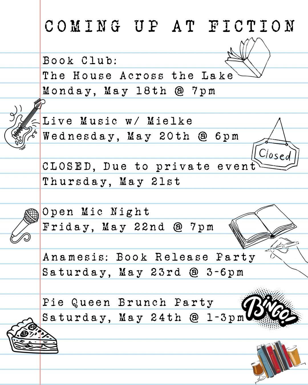 Who&rsquo;s ready for a new week?? We are! 🙋&zwj;♀️ here&rsquo;s what he have planned for you:

📖 Monday at 7pm is the May meeting of our Book Club! For this month we read &lsquo;The House Across the Lake&rsquo; by @riley.sager !

🎸 Wednesday at 6