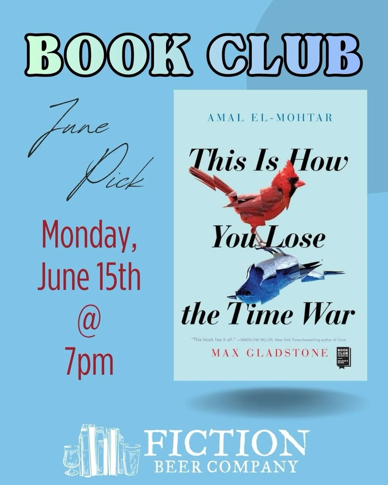 Follow Red and Blue for a tale of espionage, identity, and even love in our June Book Club pick: &lsquo;This is How You Lose the Time War&rsquo; by @max.gladstone and @amalelmohtar !!

The FBC Book Club meets on the third Monday of the month at 7pm! 