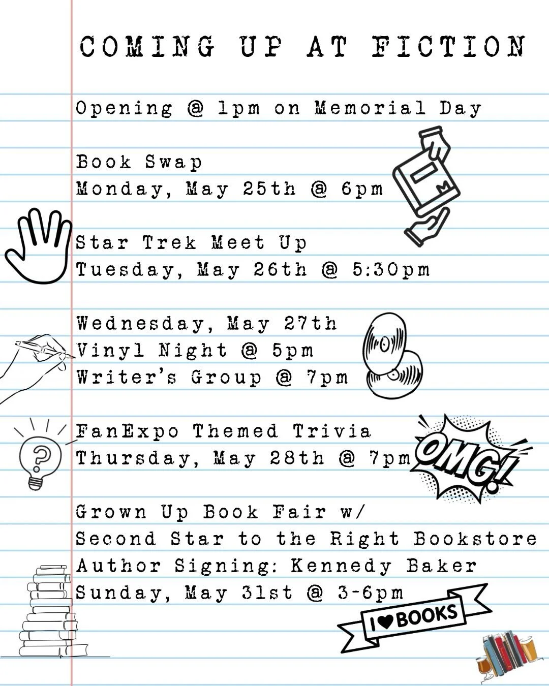 And just like that it&rsquo;s Sunday again, no Sunday scaries this time because it&rsquo;s a long weekend! We will be opening an hour early, 1pm, tomorrow for Memorial Day!

📖 Monday night at 6pm is our monthly Book Swap! Clear out your shelves and 