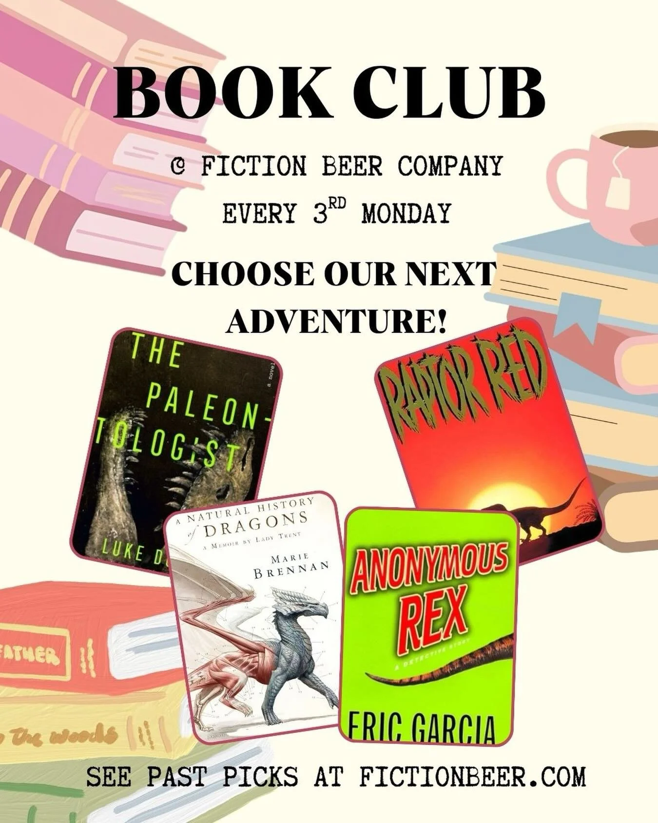 🚨ATTN: FBC Book Club Members!!🚨

It&rsquo;s time to vote! For July we chose dinosaurs as our theme and we picked some fun ones for you!

Like our Smutty Book Club, we&rsquo;re trying something new to make voting more accessible to everyone. Follow 