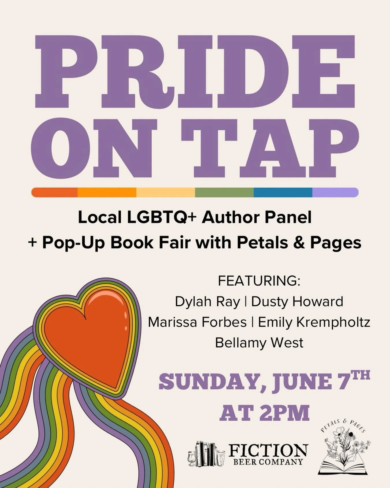 Our Pride Kick-Off weekend continues with Pride on Tap author panel!! 🥳 

Join us on Sunday, June 7th at 2pm as we chat with some talented local LGBTQ+ authors! Listen in as we chat about the importance of story telling and pick their minds about wh