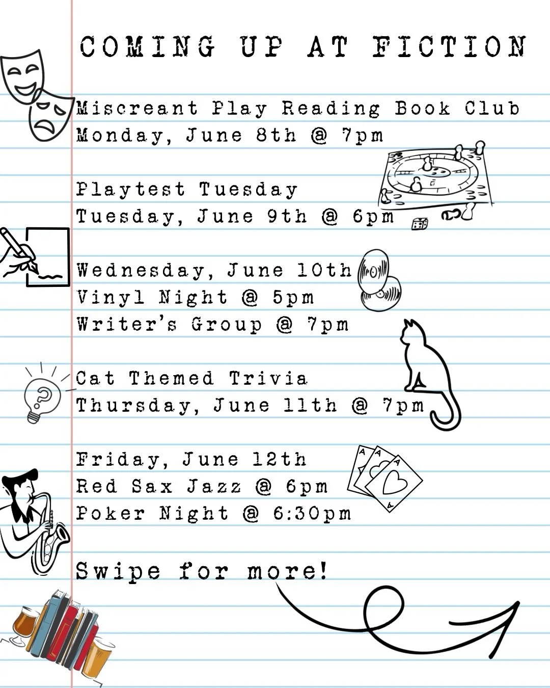 Happy Monday!! You didn&rsquo;t think we forgot did you? We have a very fun and action packed week planned for you all!

🎭 Starting tonight! @miscreanttheatre is back at 7pm for their Play Reading Book Club! No experience necessary, just a love of t