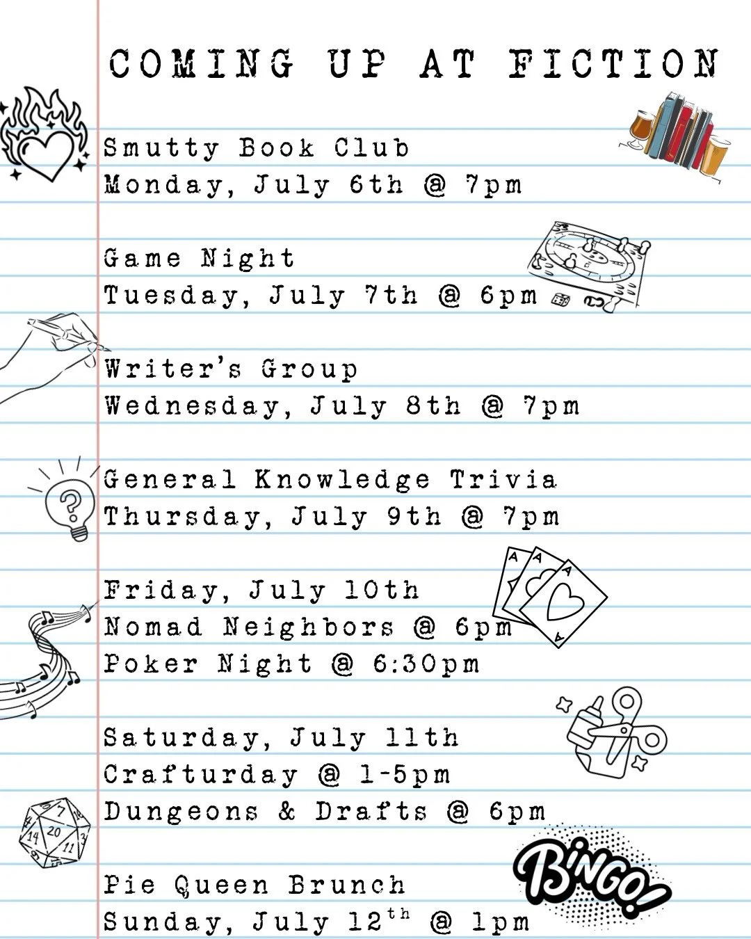 🎆 We hope everyone had a fun holiday weekend! And made it through with all your fingers 😅 If you thought we were going to take it easy for the rest of July, think again! Swipe through to see what we have planned for you all this week! 🥳

#fictionb