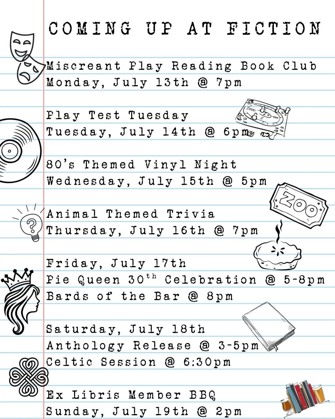 ☀️Summer is in full swing!!🥵 We hope you&rsquo;ve been keeping cool this weekend because we have a whole week of stuff planned for you!

🍺 Reminder to all of our Ex Libris Members that our Member Appreciation BBQ is this Sunday at 2pm!!

#fictionbe