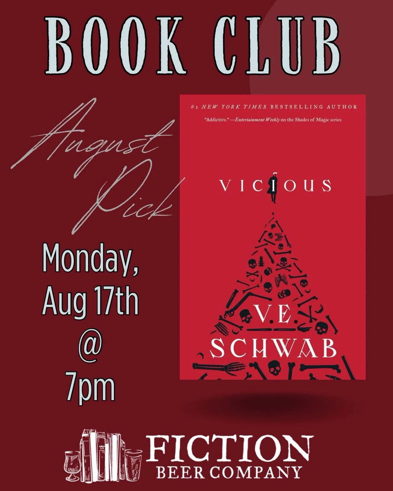 From friends to bitter foes we&rsquo;re going to travel with Victor and Eli on a path of revenge with our next pick for FBC&rsquo;s Book Club! For august we&rsquo;ll be reading &lsquo;Vicious&rsquo; by @veschwab !

The FBC Book Club meets on the thir