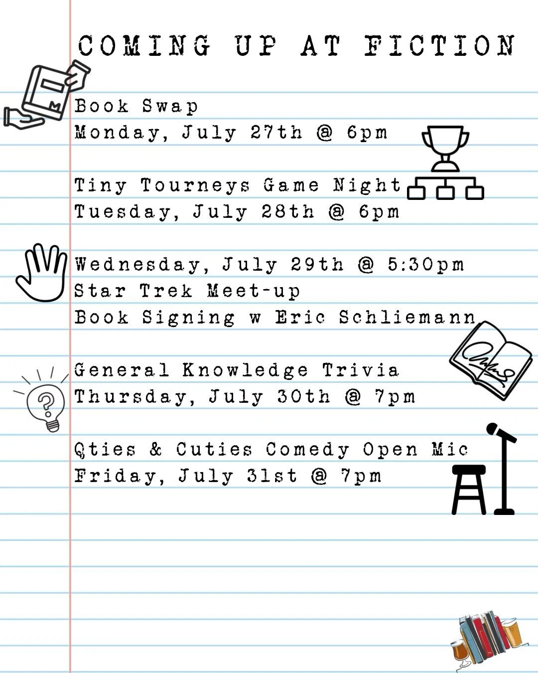 We&rsquo;re somehow in the last week of July! 😵&zwj;💫 Swipe through to see what we have planned to help take your mind off of how oppressively hot it is! 👉

#fictionbeercompany #happeningthisweek #eastcolfax #breweryhappenings 

📚 Starting on Mon