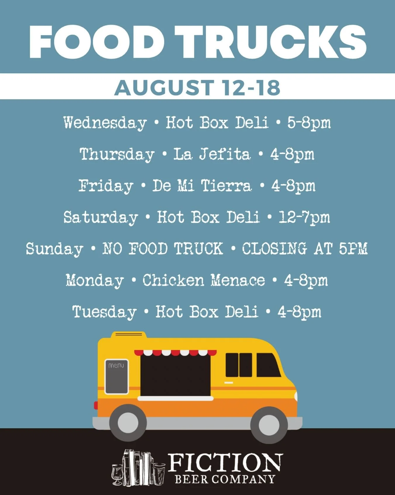 What&rsquo;s this&mdash;a whole week of food trucks?! 👀 well&hellip;nearly, anyway.

If you&rsquo;re coming by for a beer the next few days, save room for food! 🍻

#denverbrewery #denverbeer #denverfoodtrucks #eastcolfax #parkhilldenver