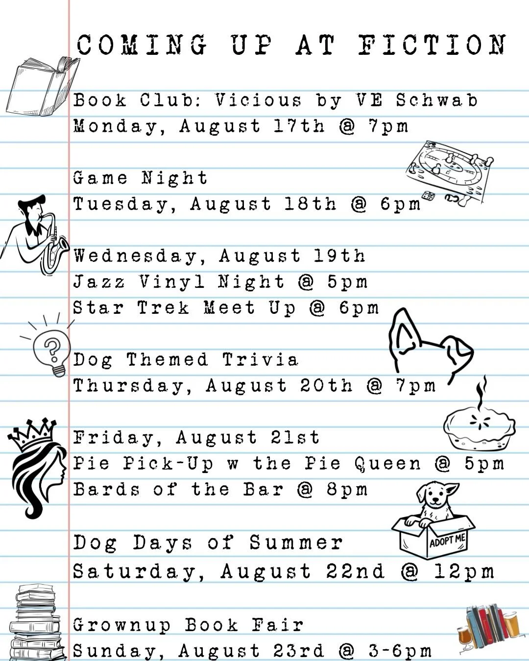 We did it! 🥳 we made it to Sunday! 

Swipe through to see what we have planned for you this week! ➡️

#fictionbeercompany #booksandbeer #happeningthisweek #taproomhappenings

📖 Monday night at 7pm is the monthly meeting of our Book Club! For August