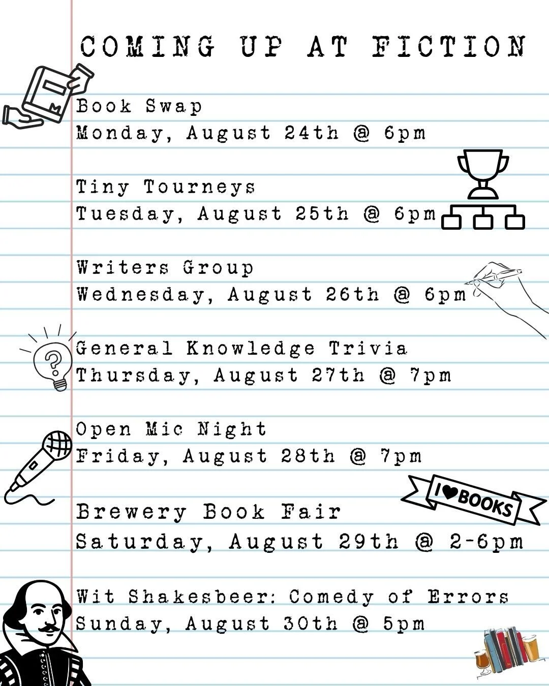 School may be going back in session but it&rsquo;s still summer here! 

🔜 Swipe on through to see what we have going on for you this week!!

#fictionbeercompany #booksandbeer #eastcolfax #denverbrewery 

📚 Join us on Monday for our monthly Book Swa