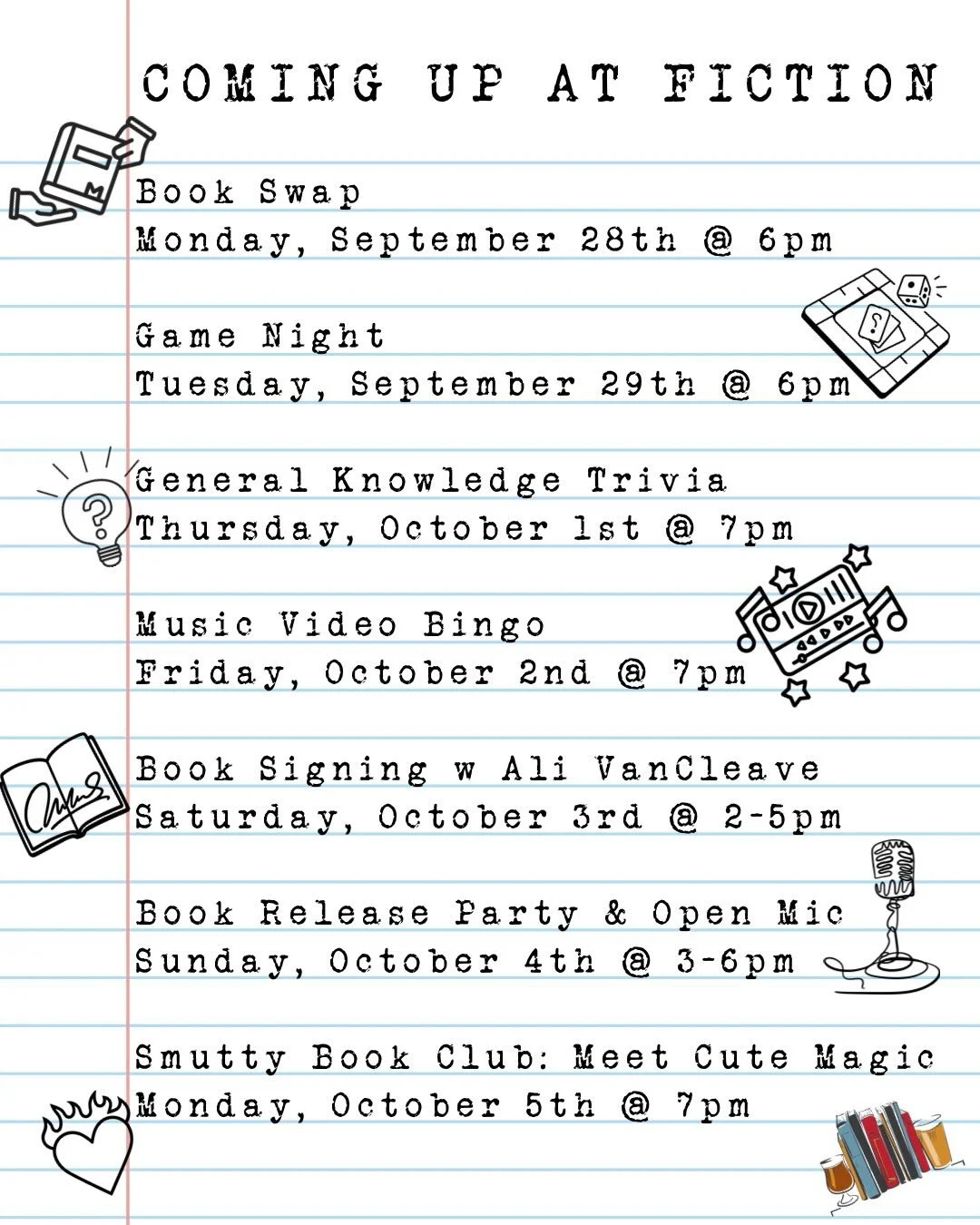 🍂 The Ber months are in full swing! Who else is excited that October starts in a few days? 🙋&zwj;♀️

Swipe ➡️ on through to see what we have planned for you this week!

#fictionbeercompany #booksandbeer #eastcolfax #denverbrewery 

📚 Bring your ge