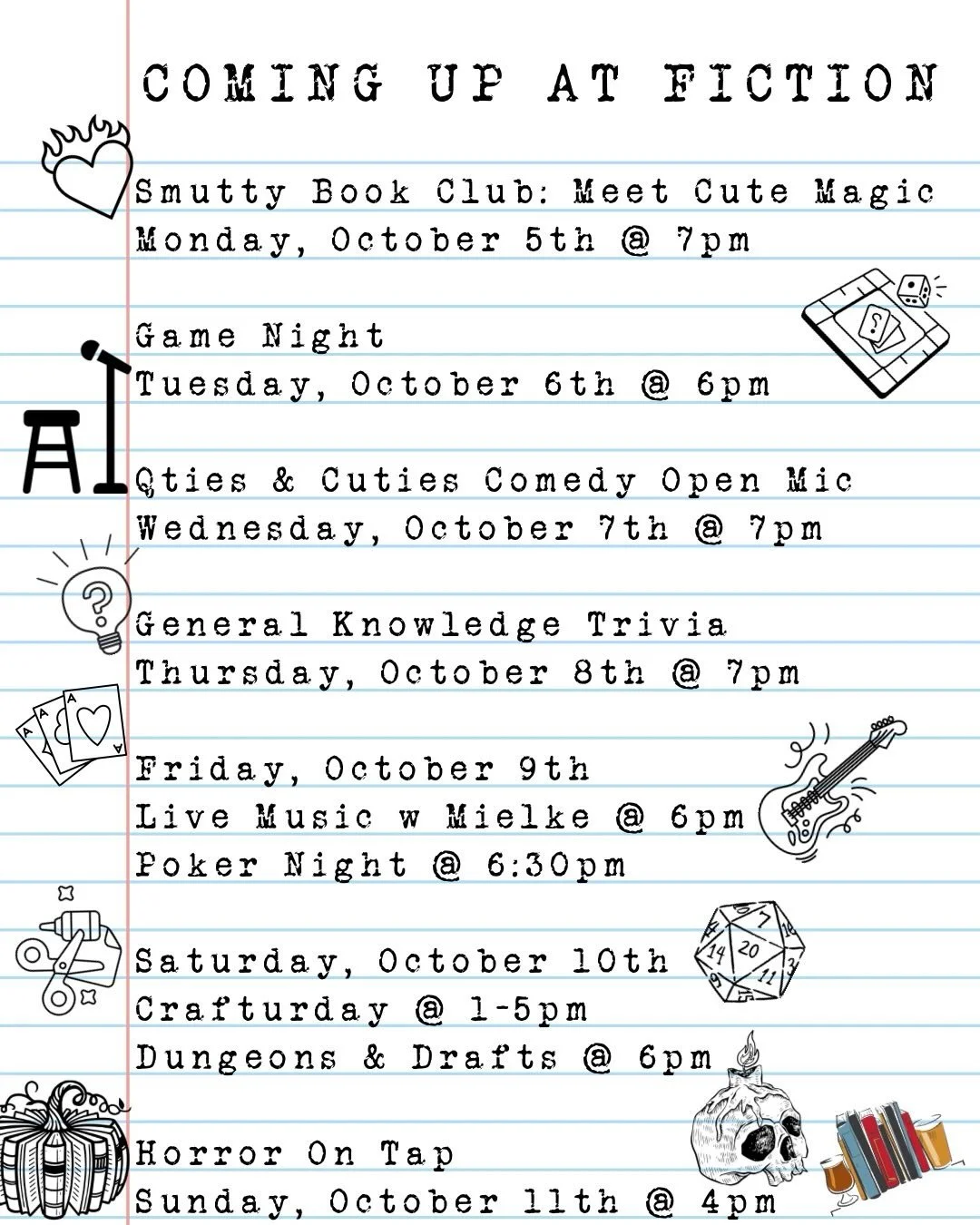 It&rsquo;s the first full week of October! 🎃 and we are fully in the fall spirit!

Swipe ➡️ on through to see what we have planned for you this week!

#fictionbeercompany #booksandbeer #happeningthisweek #eastcolfax 

🌶️ Monday night at 7pm is the 