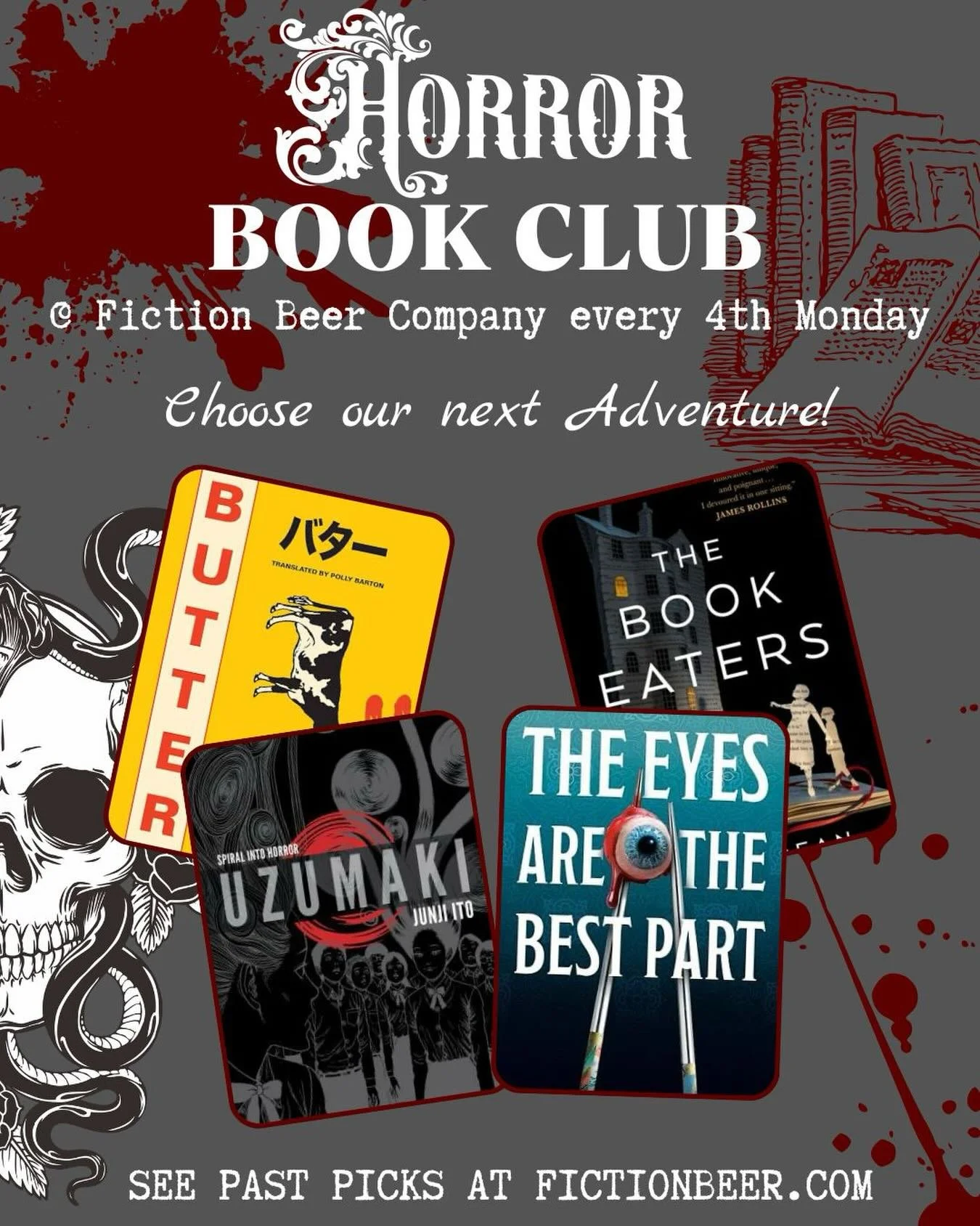 🚨ATTN: Horror Book Club Members!🚨

As we enter the months of consumption we&rsquo;ve put together a selection of strange appetites and consuming thoughts. It&rsquo;s time to vote for our November Horror Book Club pick! 

Follow the link in our bio 