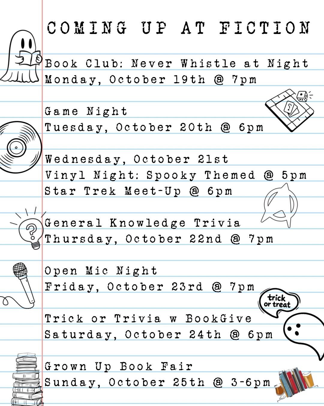 We keep inching our way closer to Halloween!! 👻 Our spooky season events are continuing to emerge from the grave 🪦

Swipe ➡️ on through to see what we have planned for you this week! 

#fictionbeercompany #booksandbeer #happeningthisweek #eastcolfa