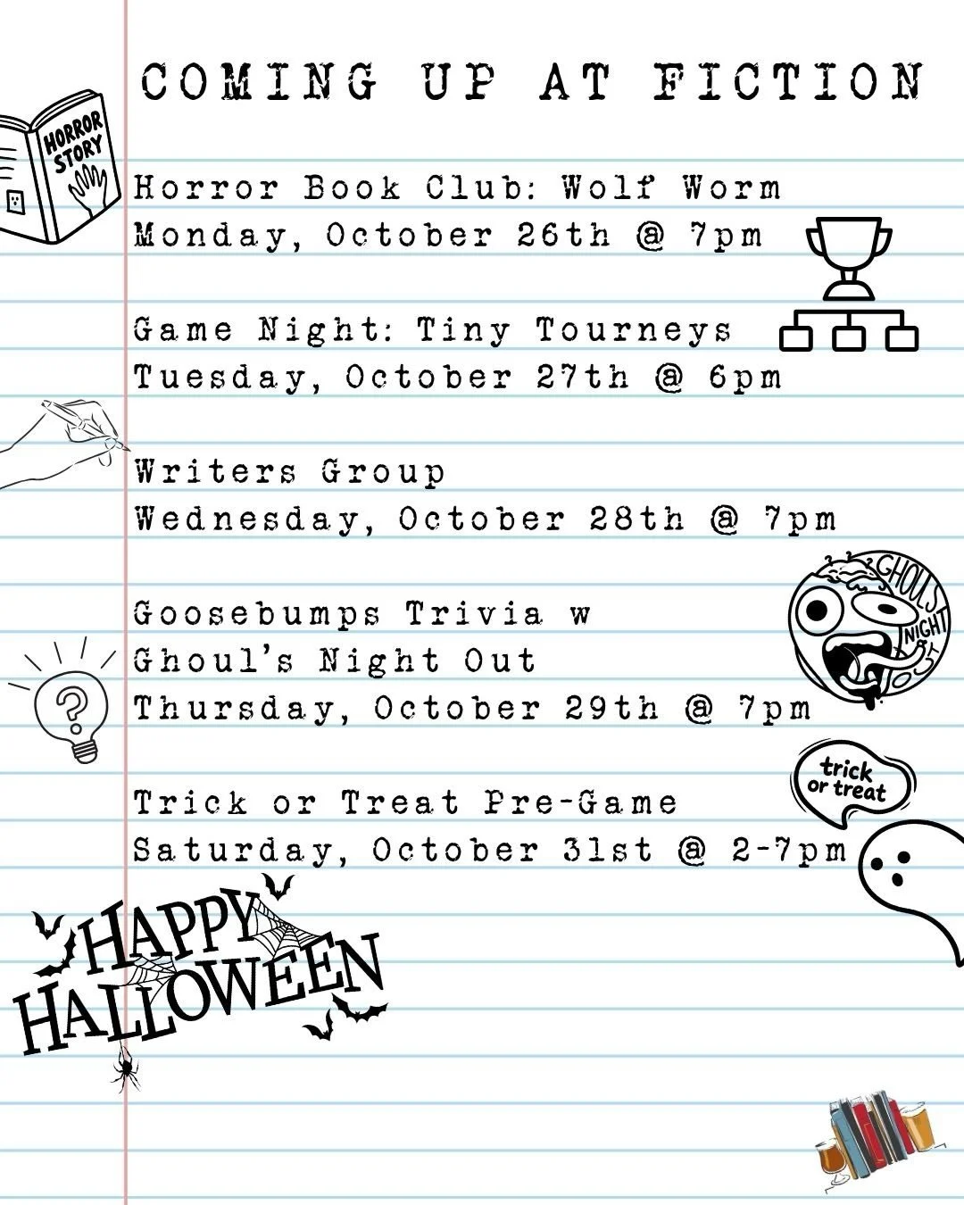 🎃 Happy Halloweek!! 🧛&zwj;♀️

Swipe ➡️ on through to see what we have planned during the final countdown to Halloween!!

#fictionbeercompany #halloweek #booksandbeer #eastcolfax #brewery 

🪲 TONIGHT at 7pm is the first meeting of our Horror Book C