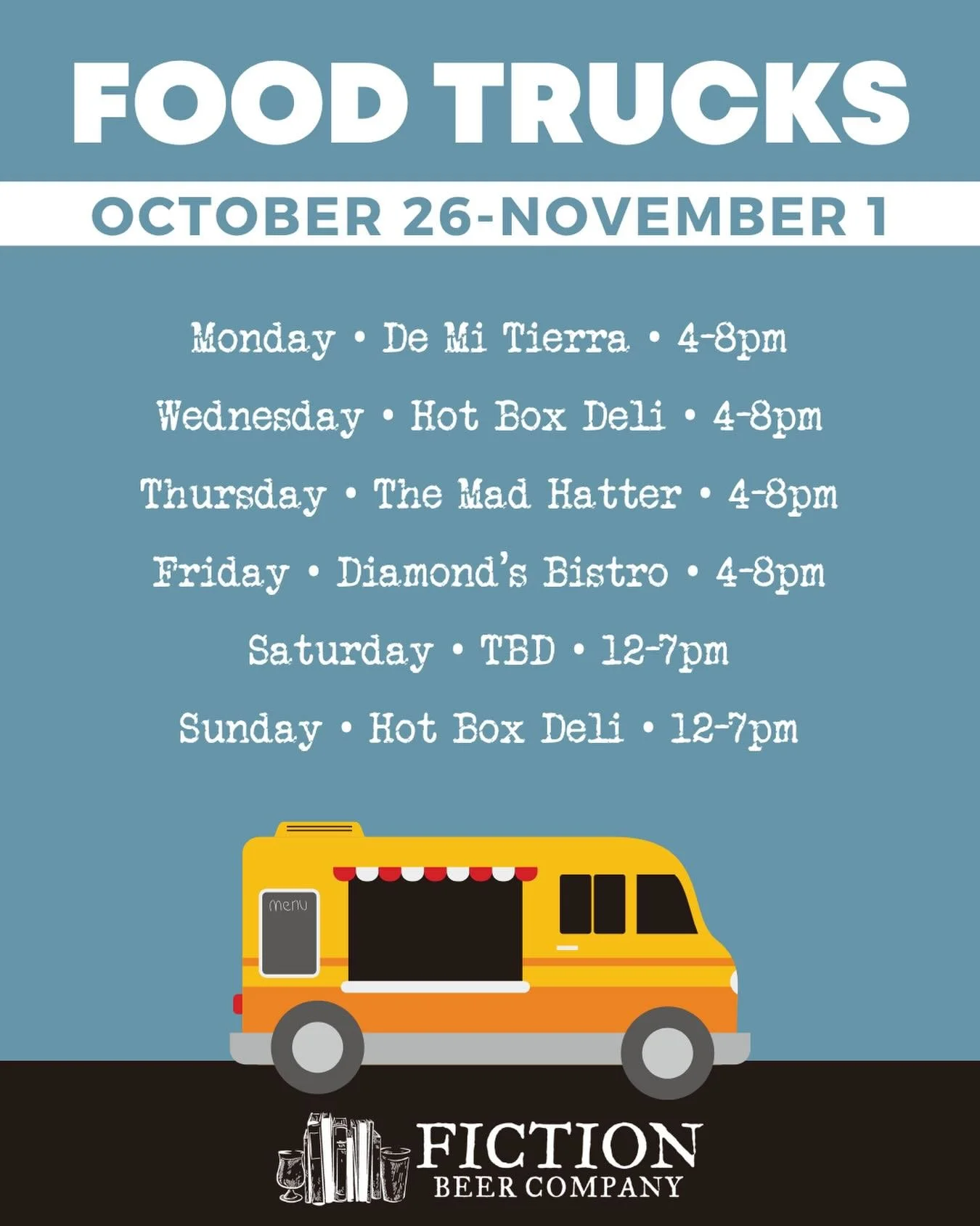 🎃 Get your spook on this week with some of our favorite food trucks! The perfect pairing with a cold beer and one of our fun events. 🍻 

#denverbrewery #denverfoodtrucks #halloweek #parkhilldenver #fictionbeercompany