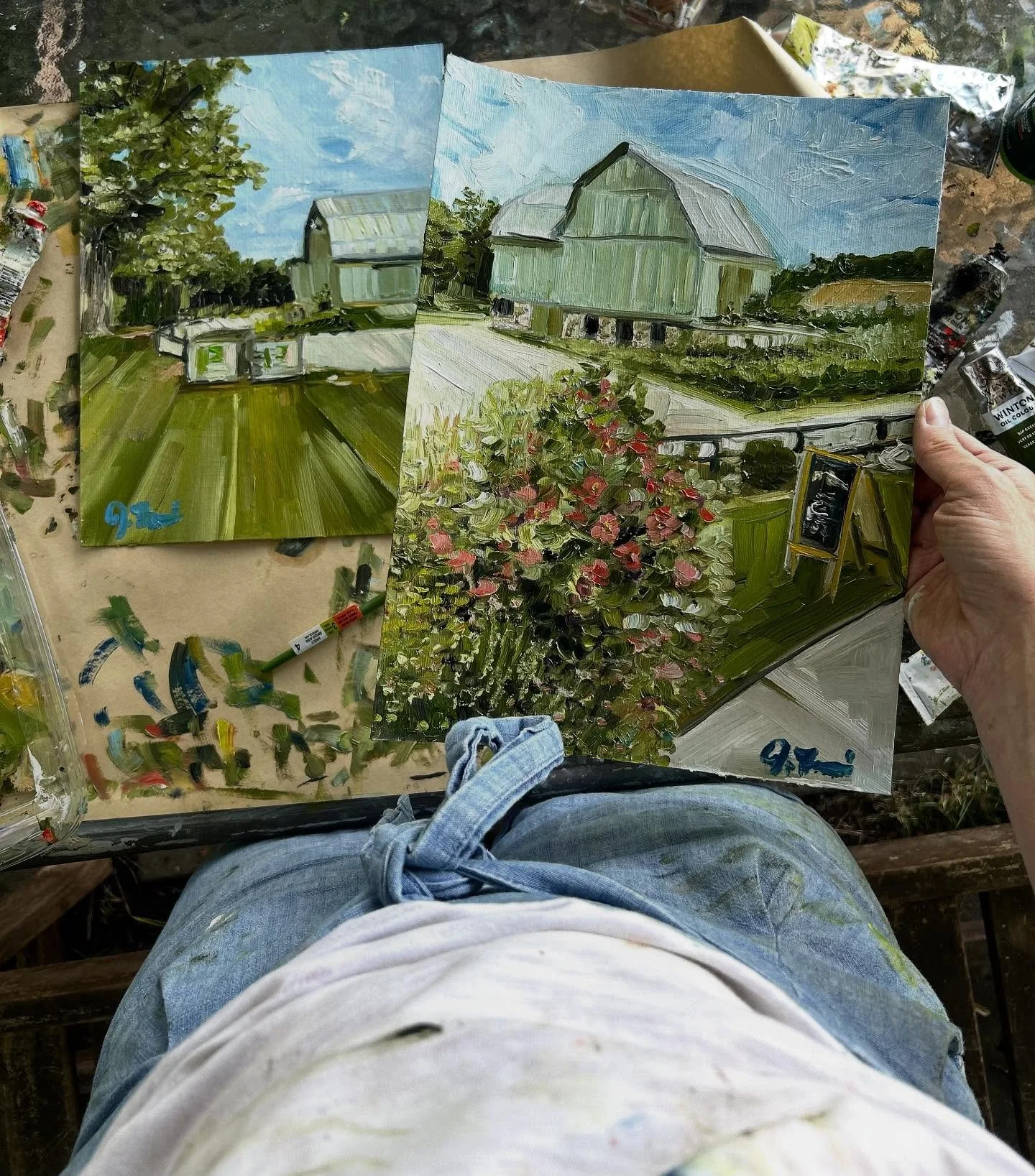 &ldquo;Shady Lane Cellars I and II&rdquo;
**sold separately**
9&rdquo; x 12&rdquo;
Oil on paper 
$60.00 each

I stopped by the winery last week and enjoyed walking the grounds, admiring the grapes and snapping photos. Grabbed a bottle of wine as well