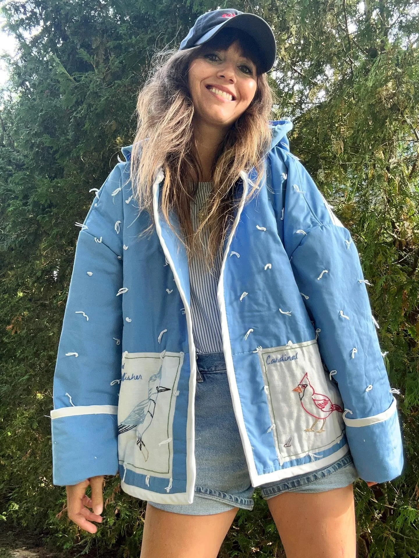 &ldquo;The Birding Quilt Coat&rdquo;
$175.00 
Hood and one hidden inside pocket! 
Cropped style, no front closure
**one available. Link in bio!**
All recycled thread. Upcycled quilt. 

Measurements. (This one runs cropped and slightly smaller than no