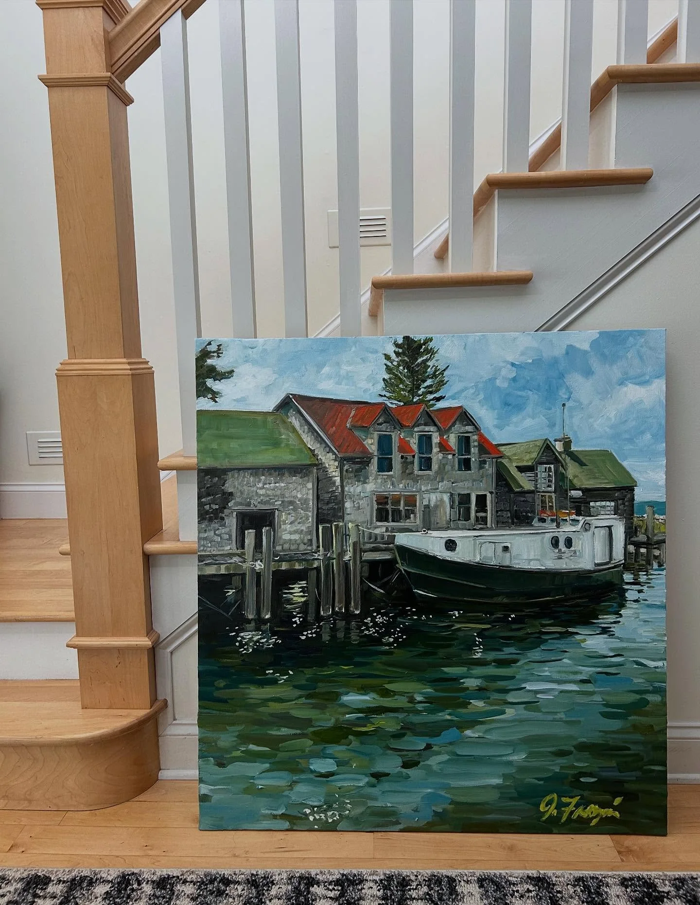 Some really beautiful jewel tones!

&ldquo;Late Summer Fishtown&rdquo;
$1050.00
40&rdquo; x 37&rdquo;
Oil on canvas, to be framed in white or natural wood. 
Ready for local pick up or shipping Oct 10. Please ask about shipping rates and l will get it