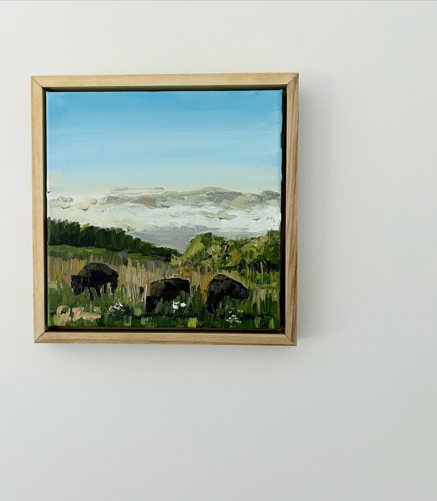 &ldquo;Evening with Buffalo&rdquo;
9&rdquo; x 9&rdquo; including frame 
$80.00
Available and just framed 🤩
Link in bio, ready to ship. 

#traversecity #tcmi #buffalo #michiganbuffalo #northernmichigan #oilpainting #minioilpainting #painting #wallart