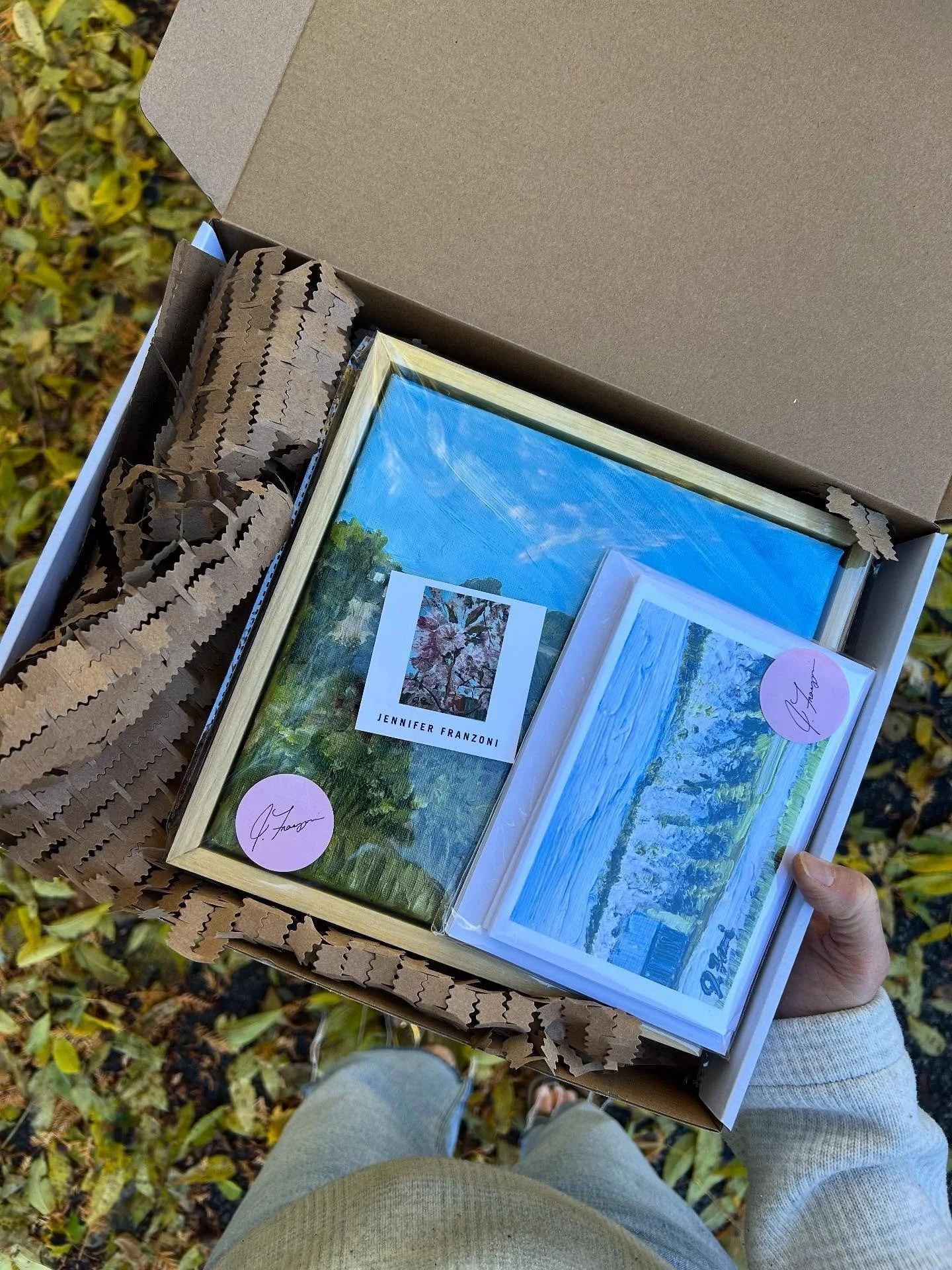 Need a holiday gift? This set of 8 different postcards plus small original painting framed in natural poplar all fits into gift box. $100 total. 🤗❤️ I have 2 of these small ones left. More small art coming. #holiday #holidaygifting #originalpainting