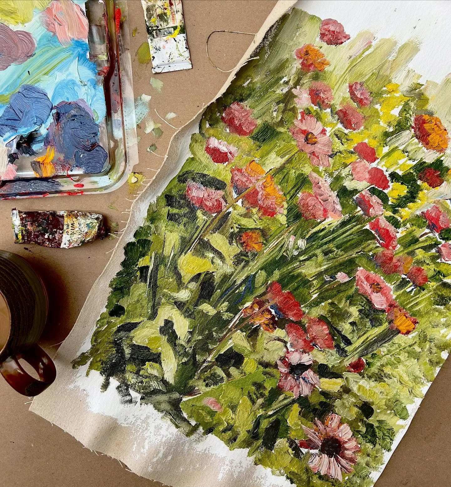 I had a request for more floral at my last show. Start of neighborhood zinnias today. This will be an 11&rdquo; x 14&rdquo; in vintage gold frame.