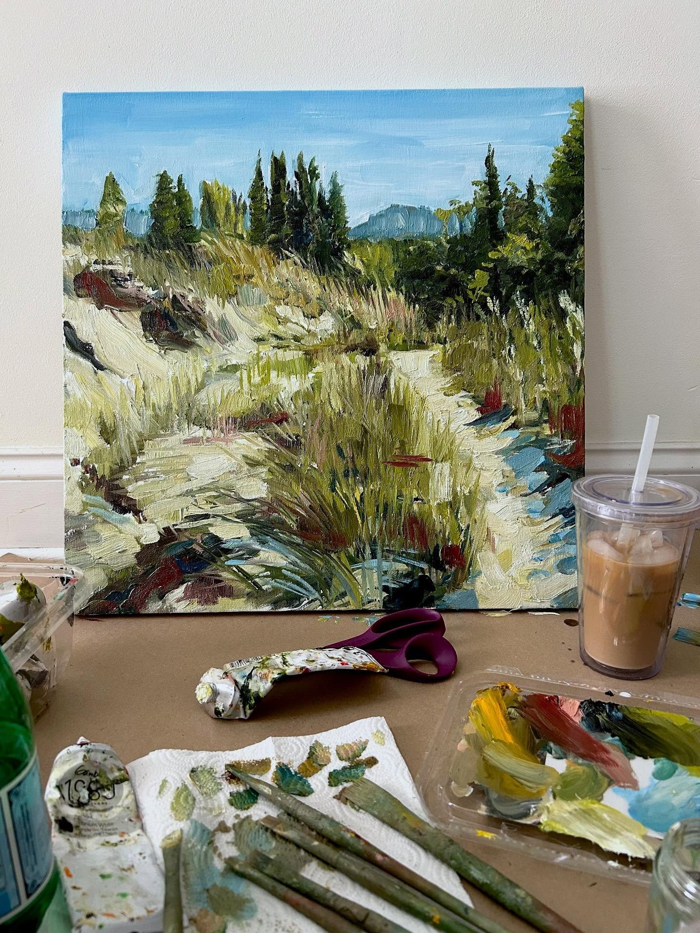 Start of a 20&rdquo; x 20&rdquo; holiday dunes, pops of red! 
$350.00 when complete. 
Oil on canvas 
Ready by early December, to be completed this week. 

#oilpainting #sanddunes #lakeshore #nationallakeshore #christmasgift #christmas2025 #
#painting