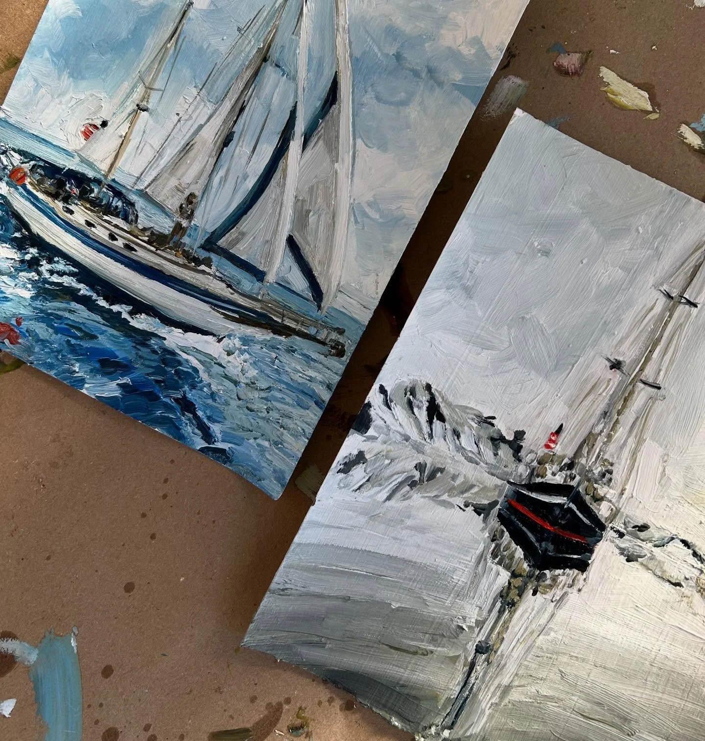 Just finished up this custom order of sailboats today ❤️😍 Oil on paper commissions. 9&rdquo; x 12&rdquo;