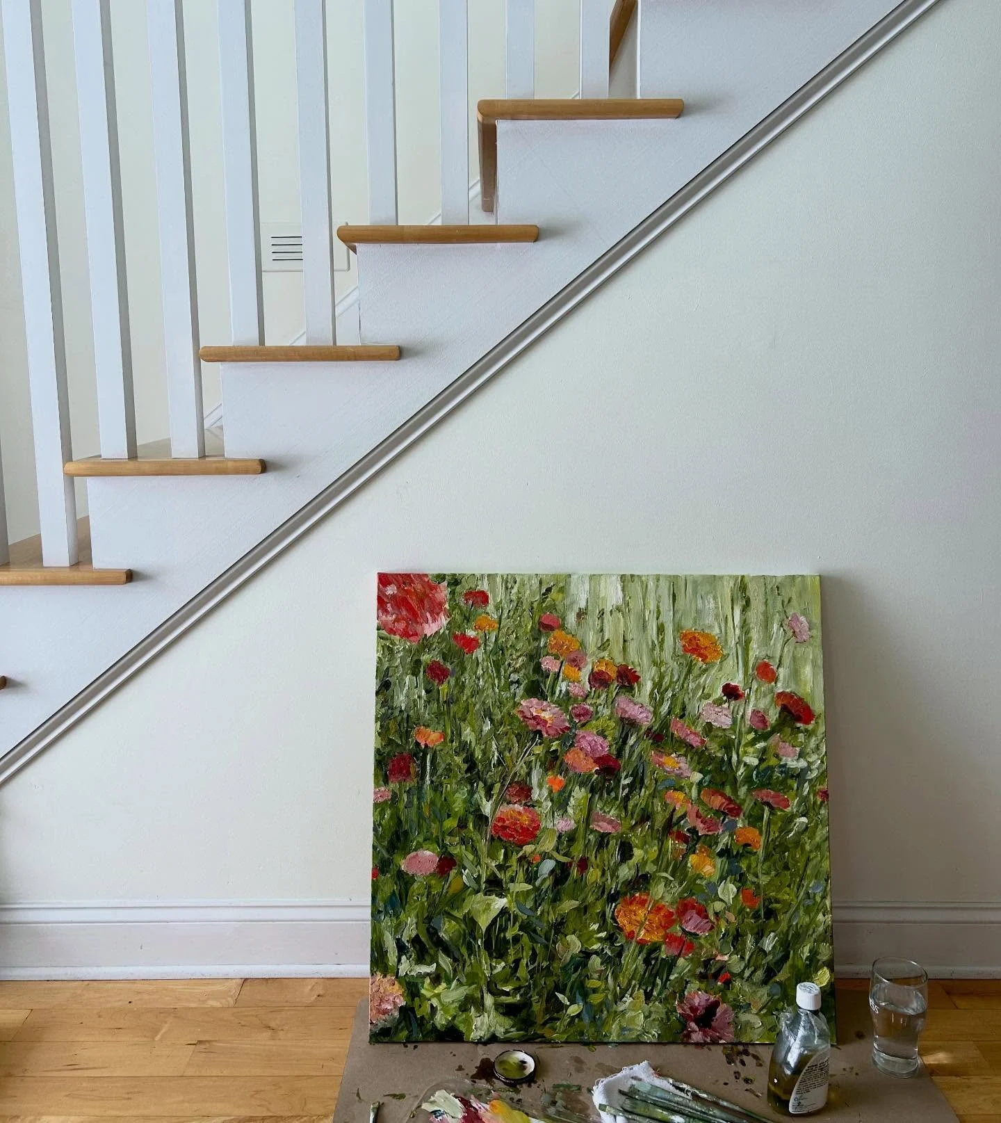 In progress&hellip;
&ldquo;Monroe St. Zinnias II&rdquo;
30&rdquo; x 30&rdquo;
$700.00 when completed 
To be framed in natural or white painted wood. 
#interiordesign #painting #zinnias #zinniaspainting #wallart