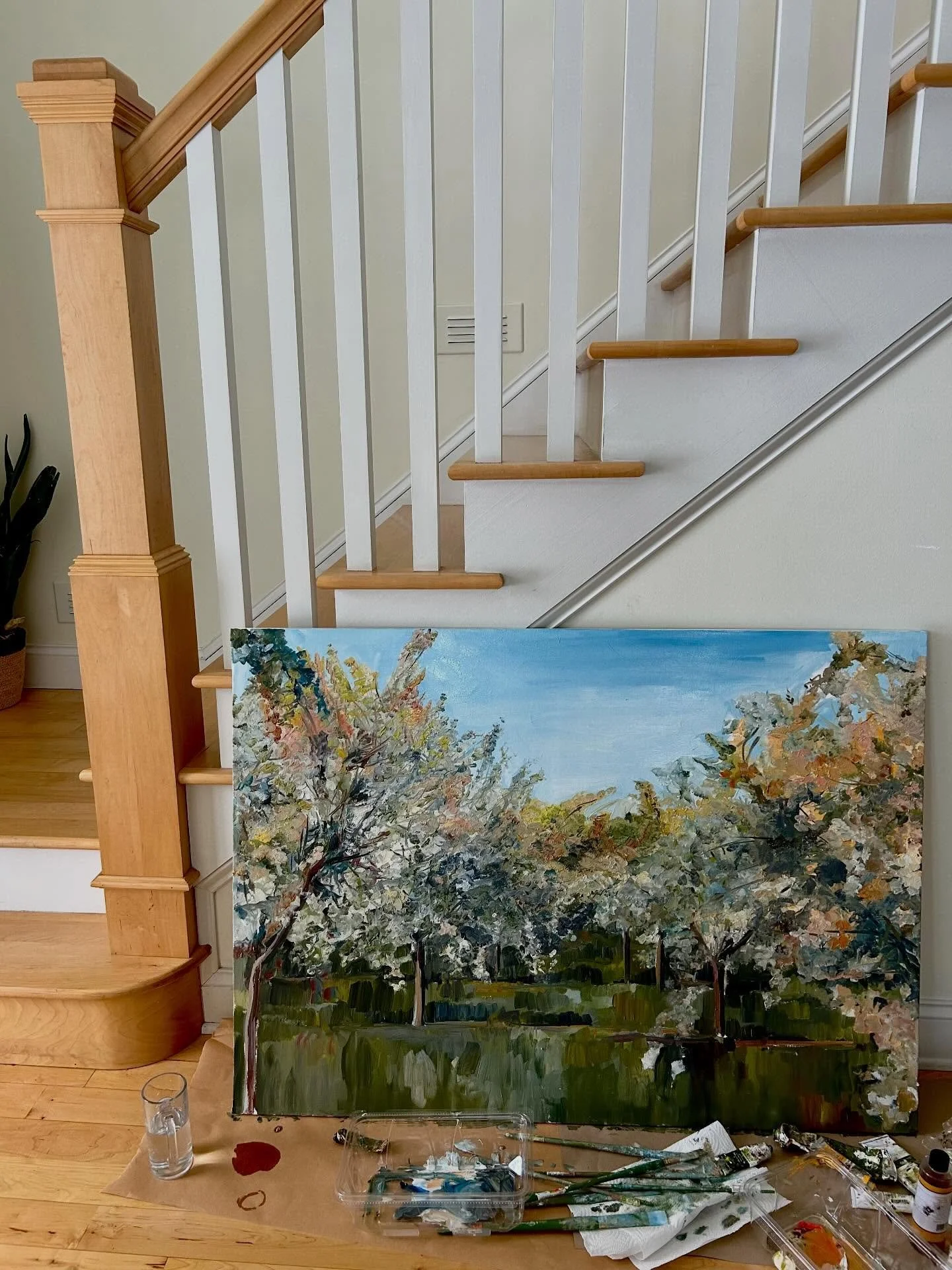 Coming along! 
34&rdquo; x 47&rdquo; 
&ldquo;Sunset in the Orchard&rdquo;
Oil on canvas 
#suttonsbay #leelanau #leelanaucounty #cherryorchard #cherrytrees