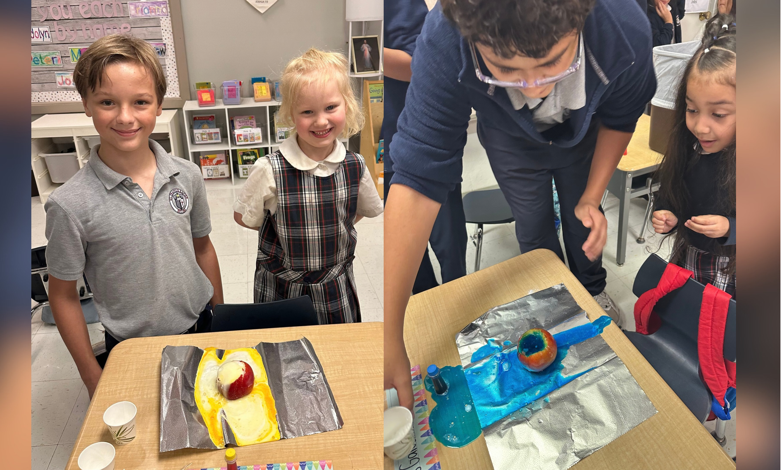 St. Francis Xavier 7th grade and kindergarten students conduct an apple volcano science experiment