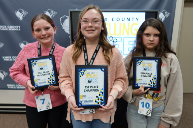  Top three finishers in the 2026 Knox County Spelling Bee.   
