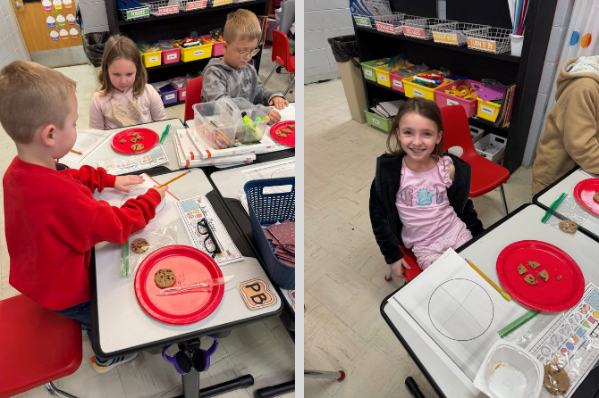  Mrs. Messer’s first grade class at G.R. have been hard at work learning about fractions. They explored how to divide shapes into halves and fourths, and even practiced portioning a circle using a cookie as a fun. 