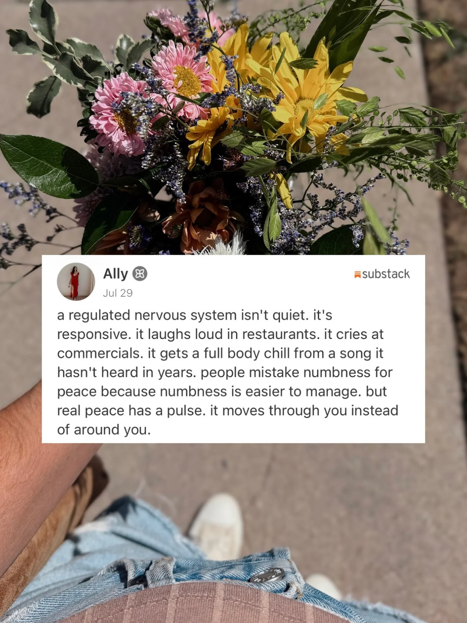 I don&rsquo;t believe the goal is to feel regulated all the time.

That&rsquo;s not what a nervous system is for. It&rsquo;s not a thermostat you set once and forget. It&rsquo;s built to move. To spike, to drop, to feel too much sometimes and not eno
