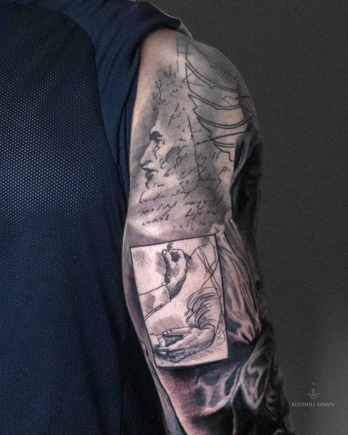 Black and grey tattoo of Da Vinci-style scribbles and sketchwork on the outer upper arm, forming part of a Renaissance-inspired sleeve.