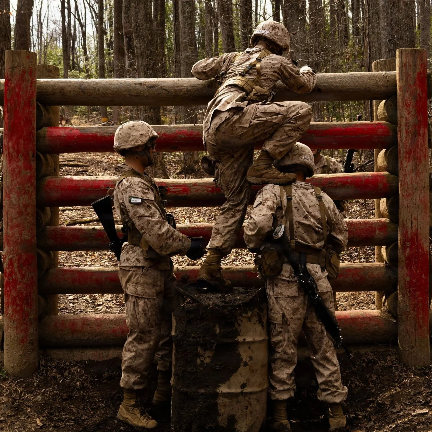 Military soldiers in desert camouflage uniforms climbing over a wooden obstacle during training in a wooded area.