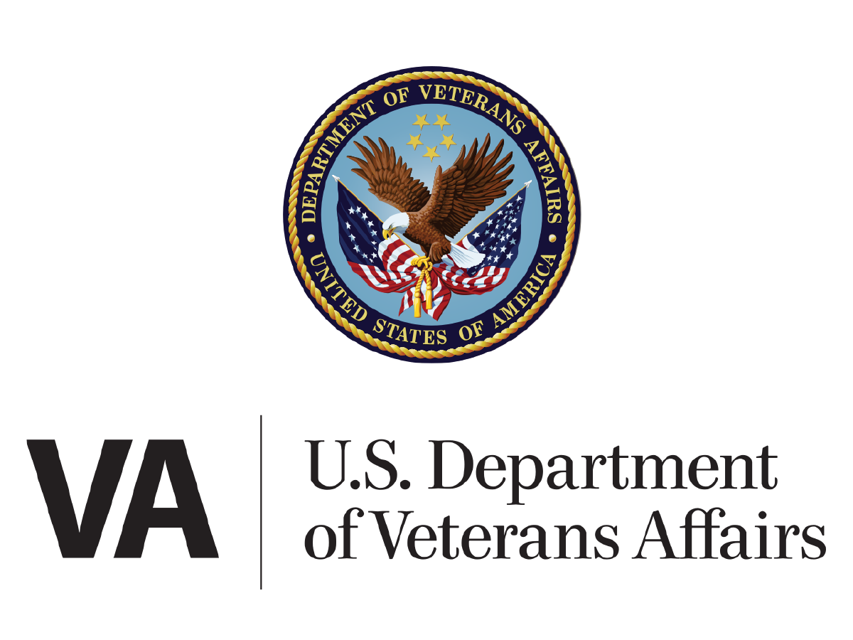 U.S. Department of Veterans Affairs logo featuring a bald eagle clutching arrows and an olive branch, with the American flag backdrop.
