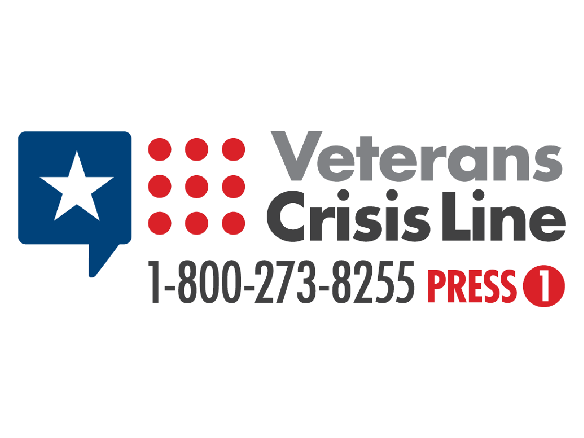 Logo for Veterans Crisis Line, featuring a blue speech bubble with a black star, nine red dots, and text with a phone number and instructions to press 1.