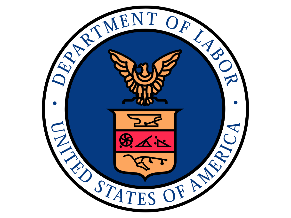 Seal of the U.S. Department of Labor, featuring a bird above a shield with symbols, and a white border with the text 'Department of Labor, United States of America' on a black background.