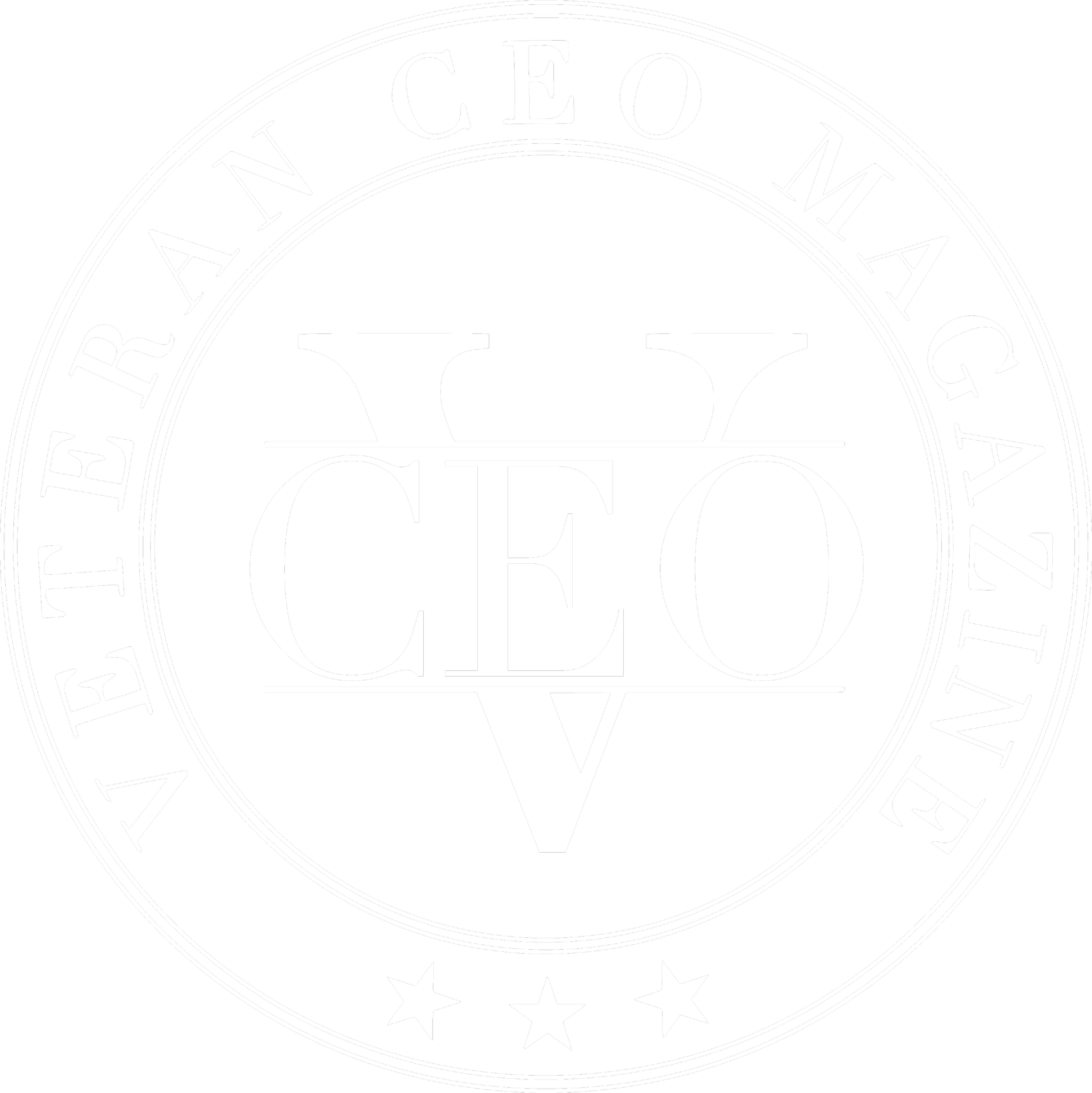 A circular logo with the text "VET REAPER CEO MAGAZINE" around the border. Inside, there are multiple overlapping initials "C E O" and "V" in a black and white design.