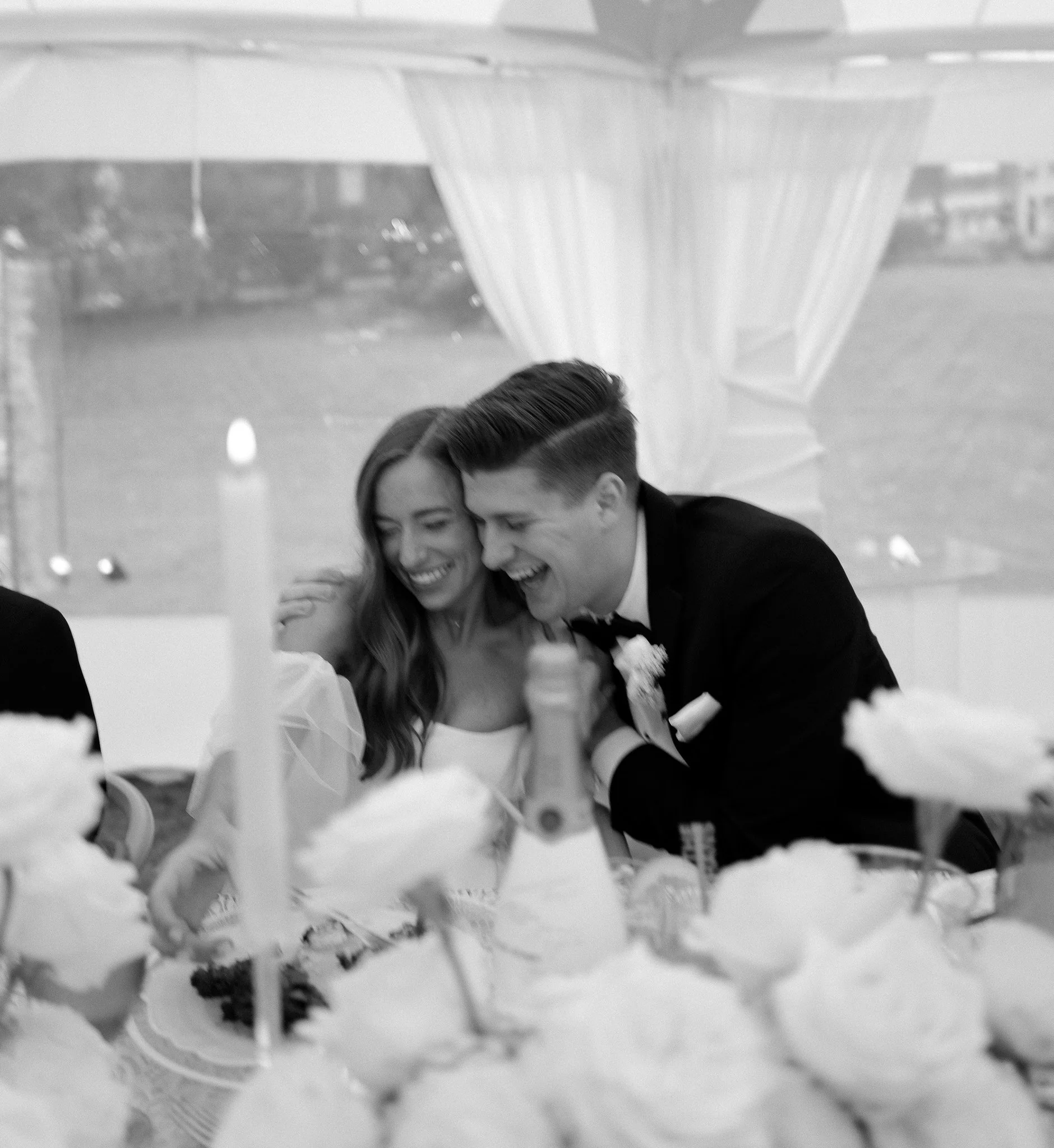 Black and White Image of Married Couple Smiling