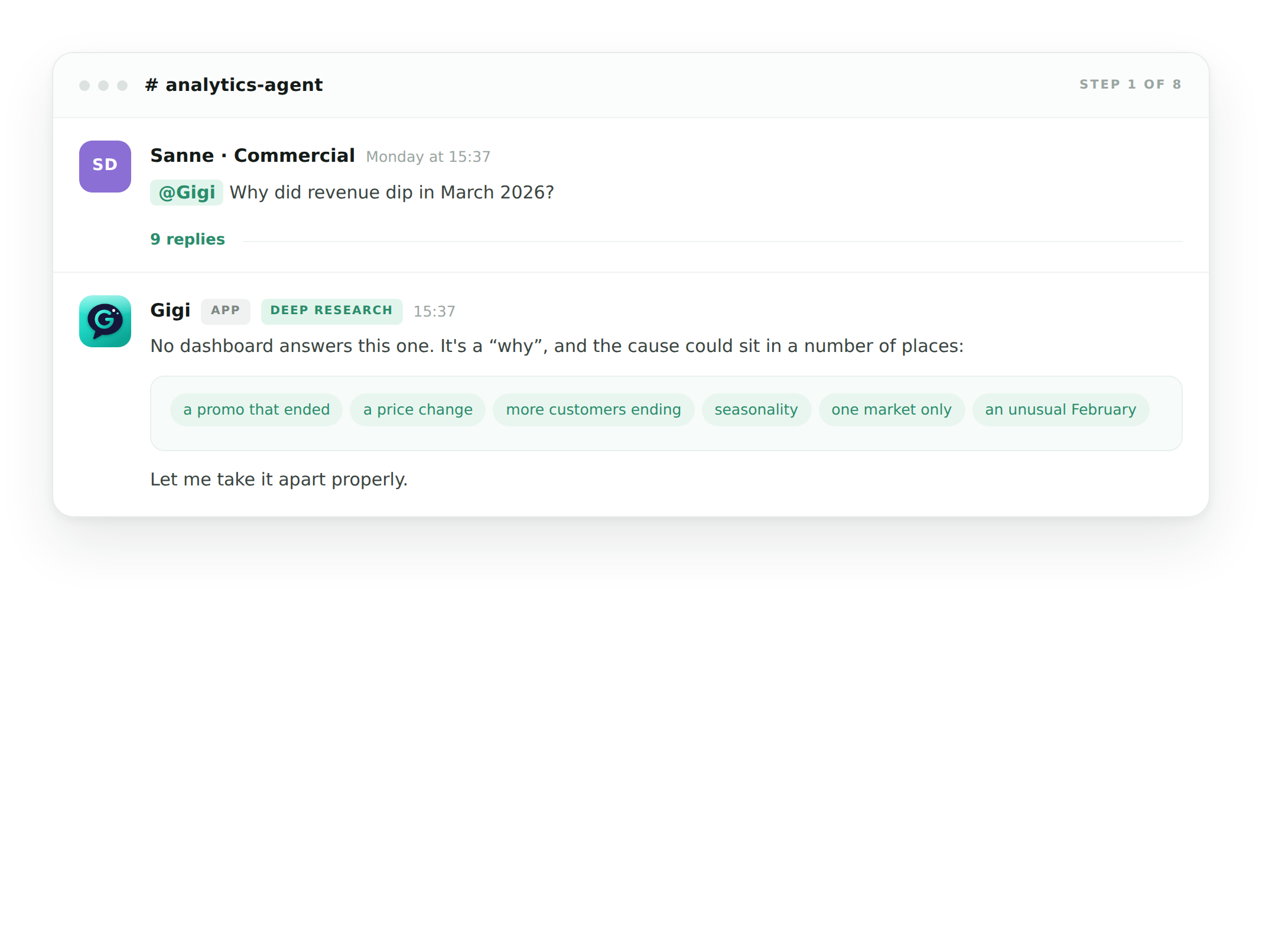 Gigi, an AI analytics agent, receives a deep research question in Slack: why revenue dipped in March 2026, with the possible causes listed underneath.