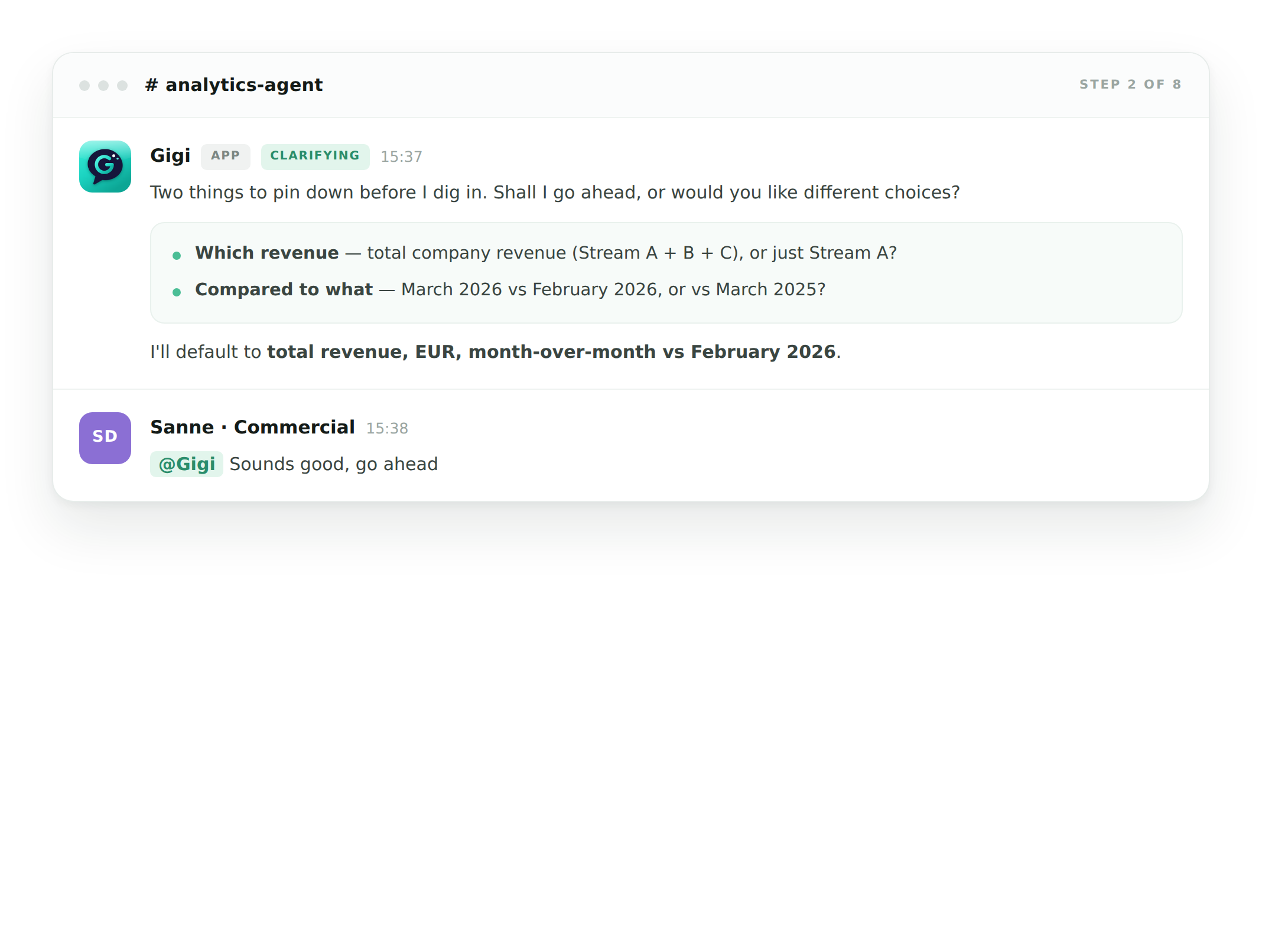 Gigi asks a clarifying question in Slack — which revenue measure and which comparison period — before starting its analysis.