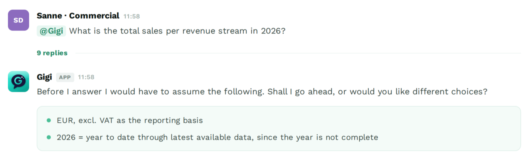 Gigi asking whether to use EUR excluding VAT before answering a revenue question in Slack