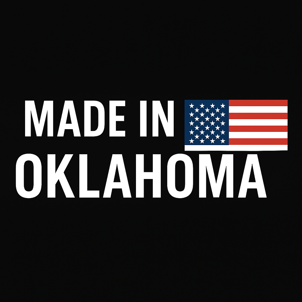 Text stating "Made in Oklahoma" with an American flag icon on a black background.